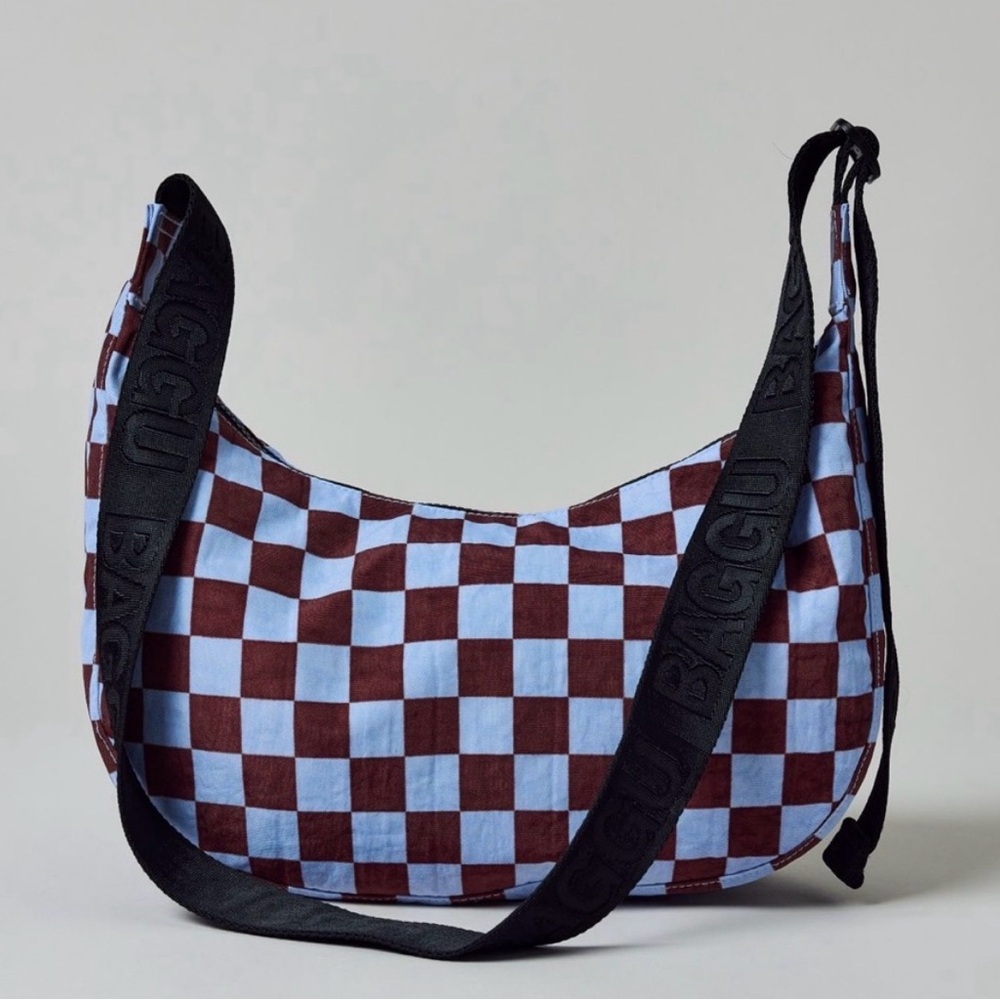 Baggu Blue and Brown Checkered Medium Cresent Bag